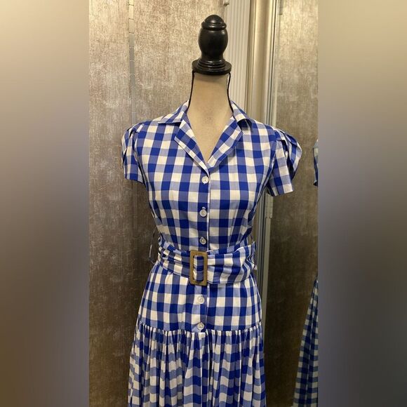 Liliana Meza Blue and White Plaid belted Midi Dress, S - Picture 4 of 11